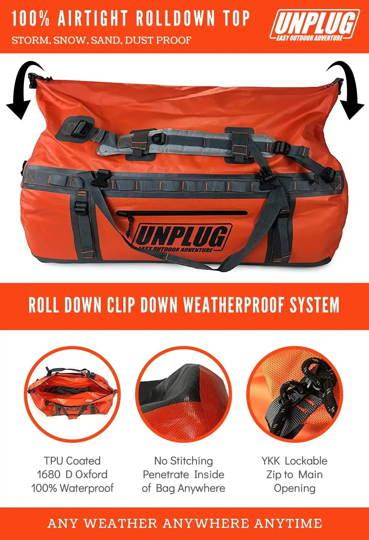 Unplug Easy Outdoor Adventure Unplug Waterproof Bags for Travel -1680D Heavy Duty Waterproof Duffel Bag for Camping, Motorcycle Dry Bag, Hunting Bag